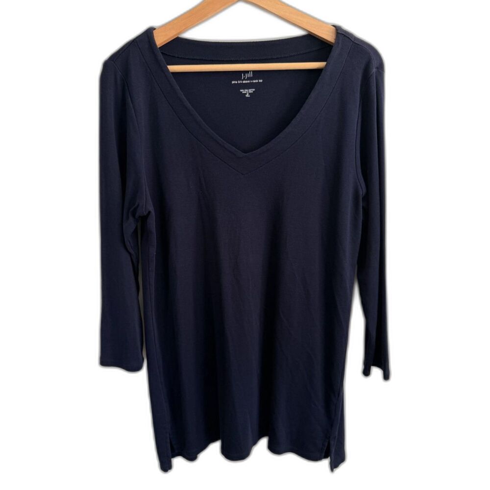 J. Jill Pima 3/4 Sleeve V-Neck Tee Women M Tall Navy 100% Cotton